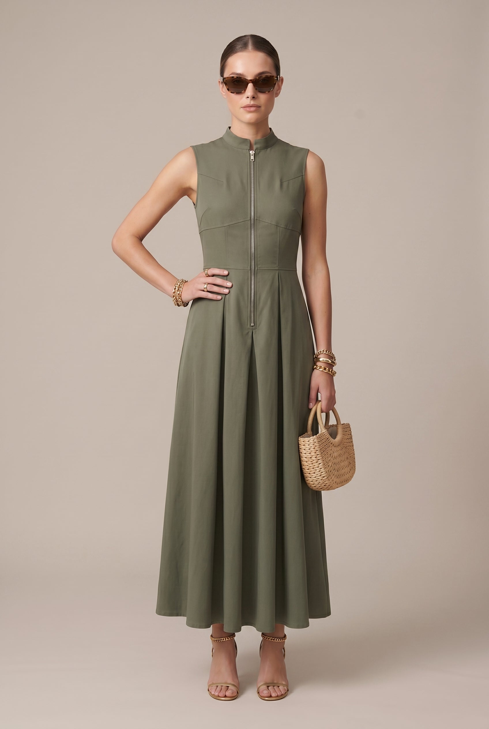 Women's A-Line Sleeveless Midi Dress – Round Neck Slim Fit French Style Solid Color