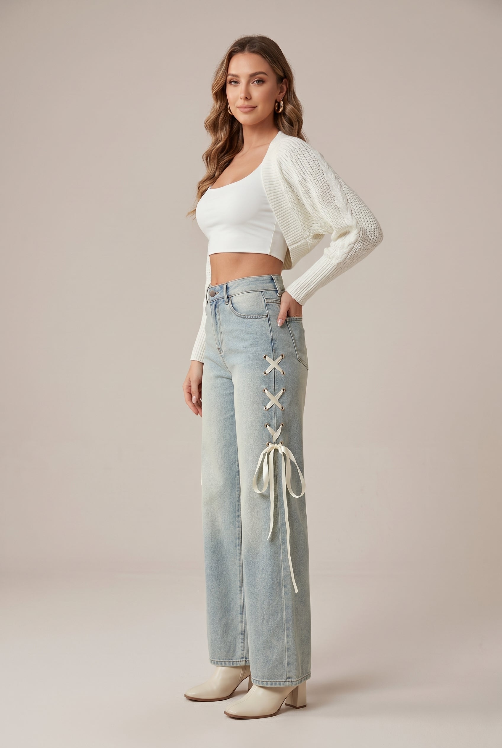 Women's Wide-Leg High-Waisted Denim Jeans – Straight Cut Stretch Denim with Side Ribbon Bow Detail