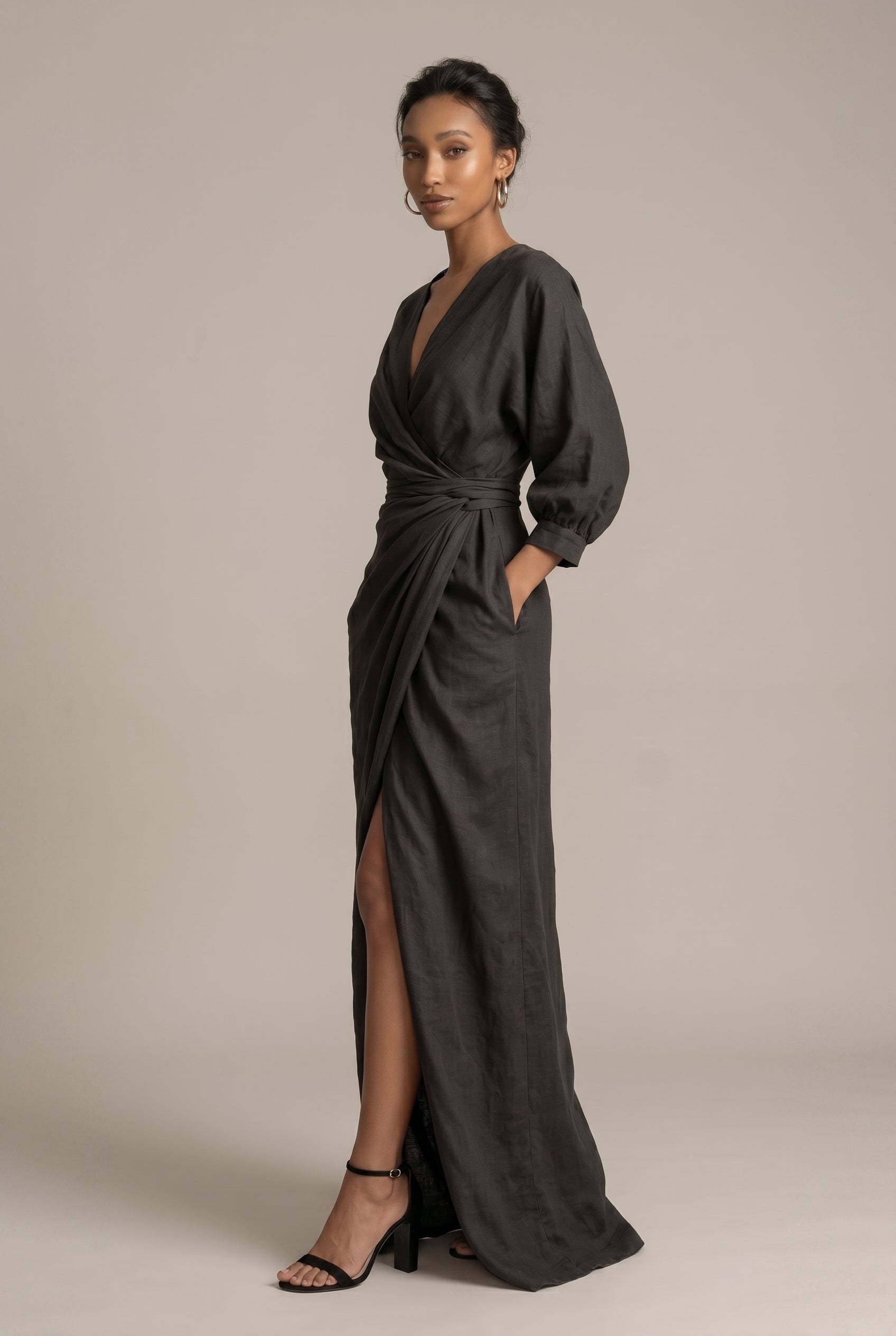 Women's V-Neck Belted Maxi Dress – Long Sleeve Side Slit Straight Skirt Formal Dress Luna Body Co