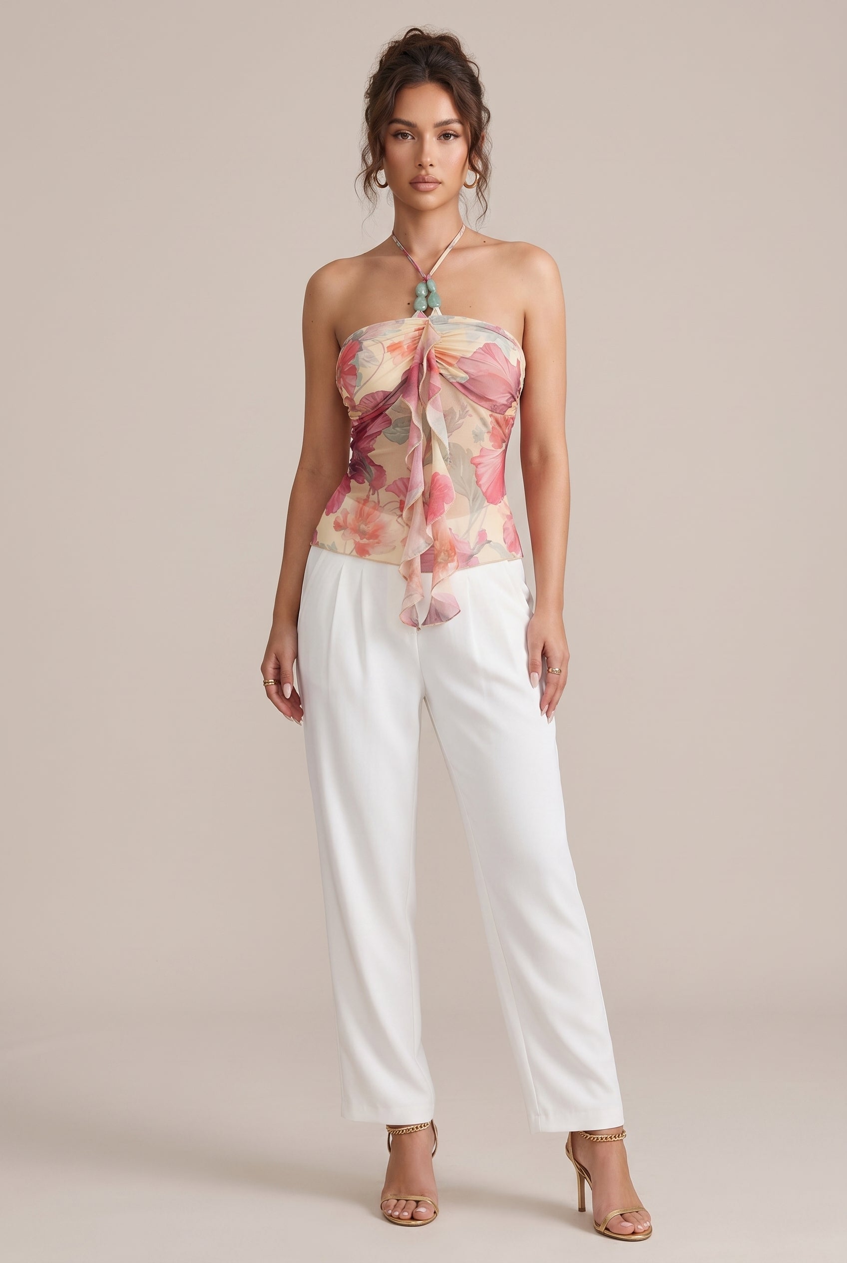 Women's Knit Halter Crop Top - Beaded Floral Slim Fit Camisole