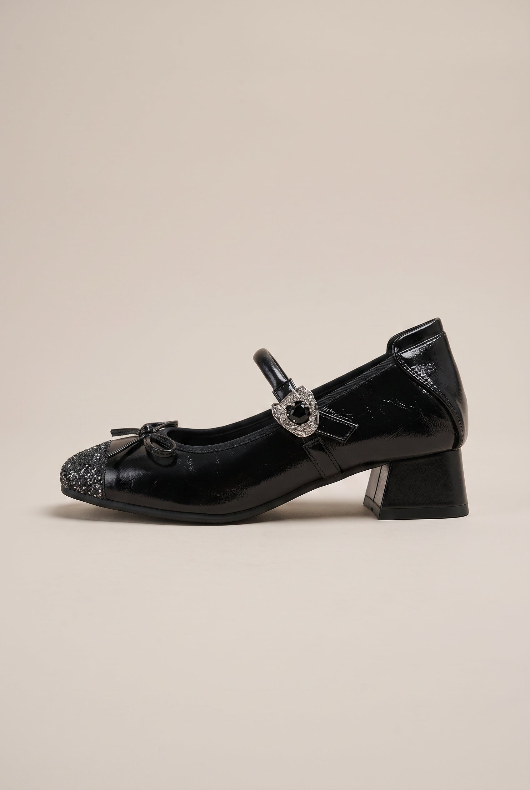 Crescent | Women's Ballet Rhinestone Bow Mary Jane Shoes Square-Toe Block Heel Satin Flats