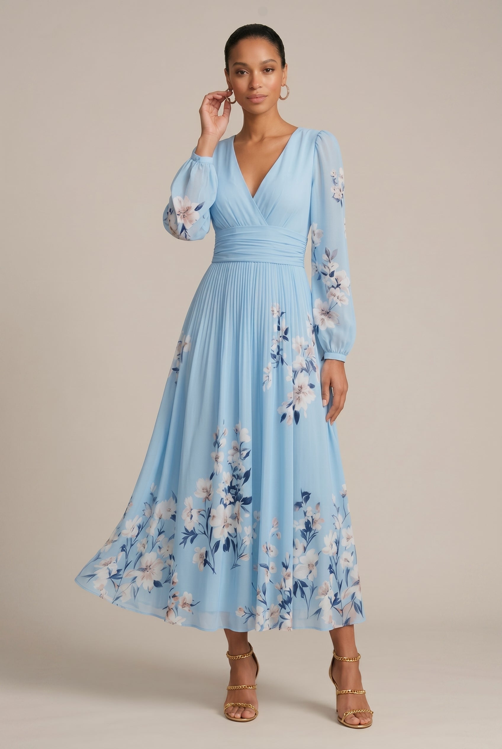 Women's Floral Maxi Dress – V-Neck Long Sleeve Pleated A-Line with High Waist Luna Body Co