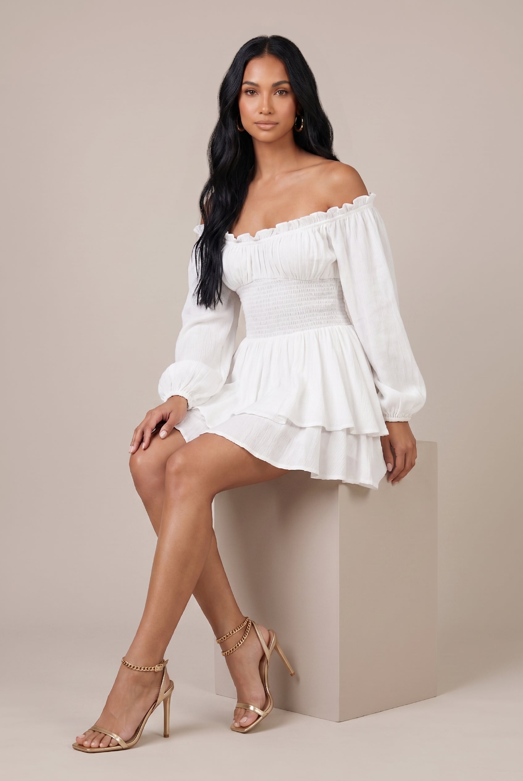 Women's Square Neck Ruffle Trim Mini Dress – Long Lantern Sleeve Loose Fit with Elastic Waist