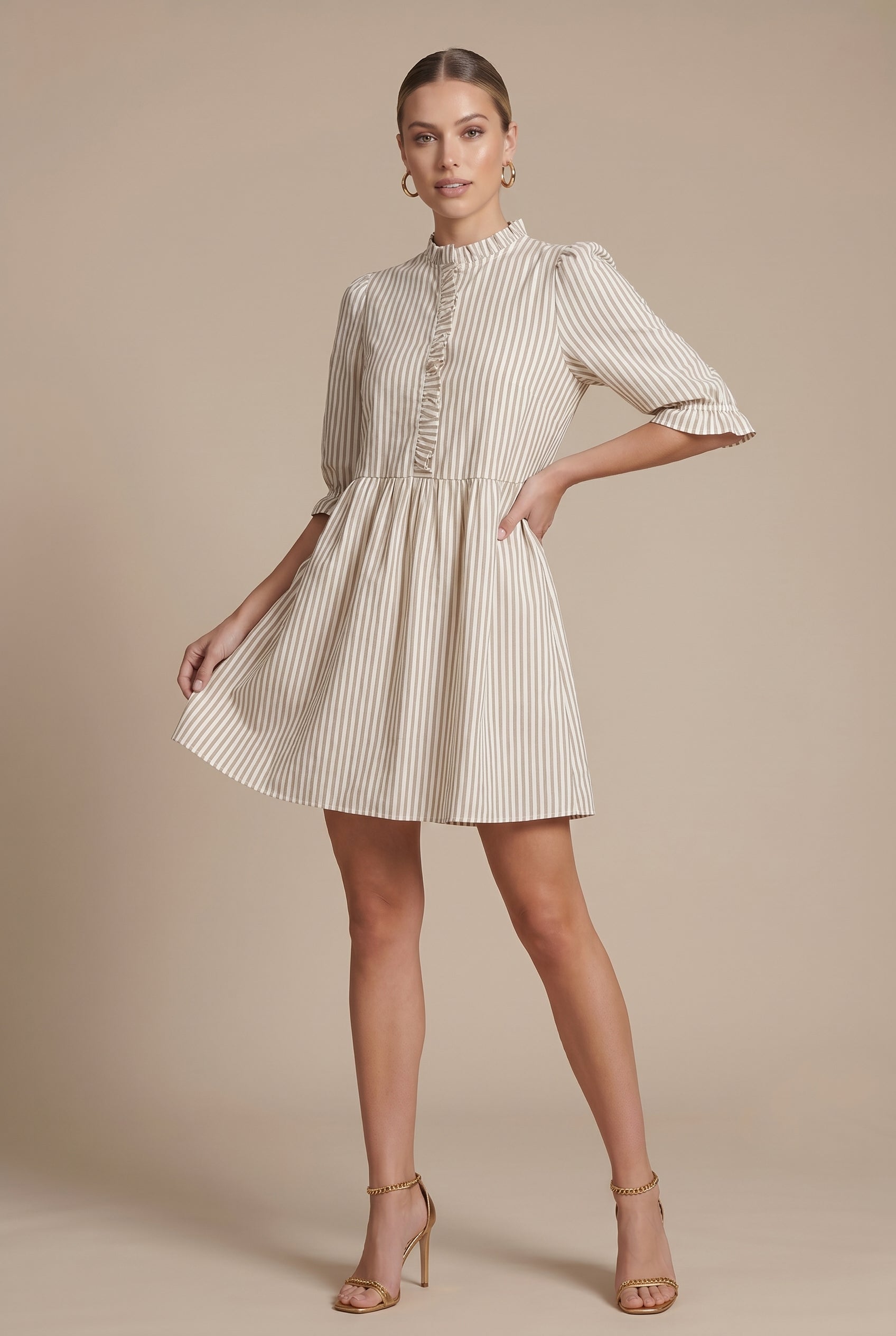Women's Vintage Striped Puff Sleeve Dress – Stand Collar Lace-Up Front A-Line High-Waisted
