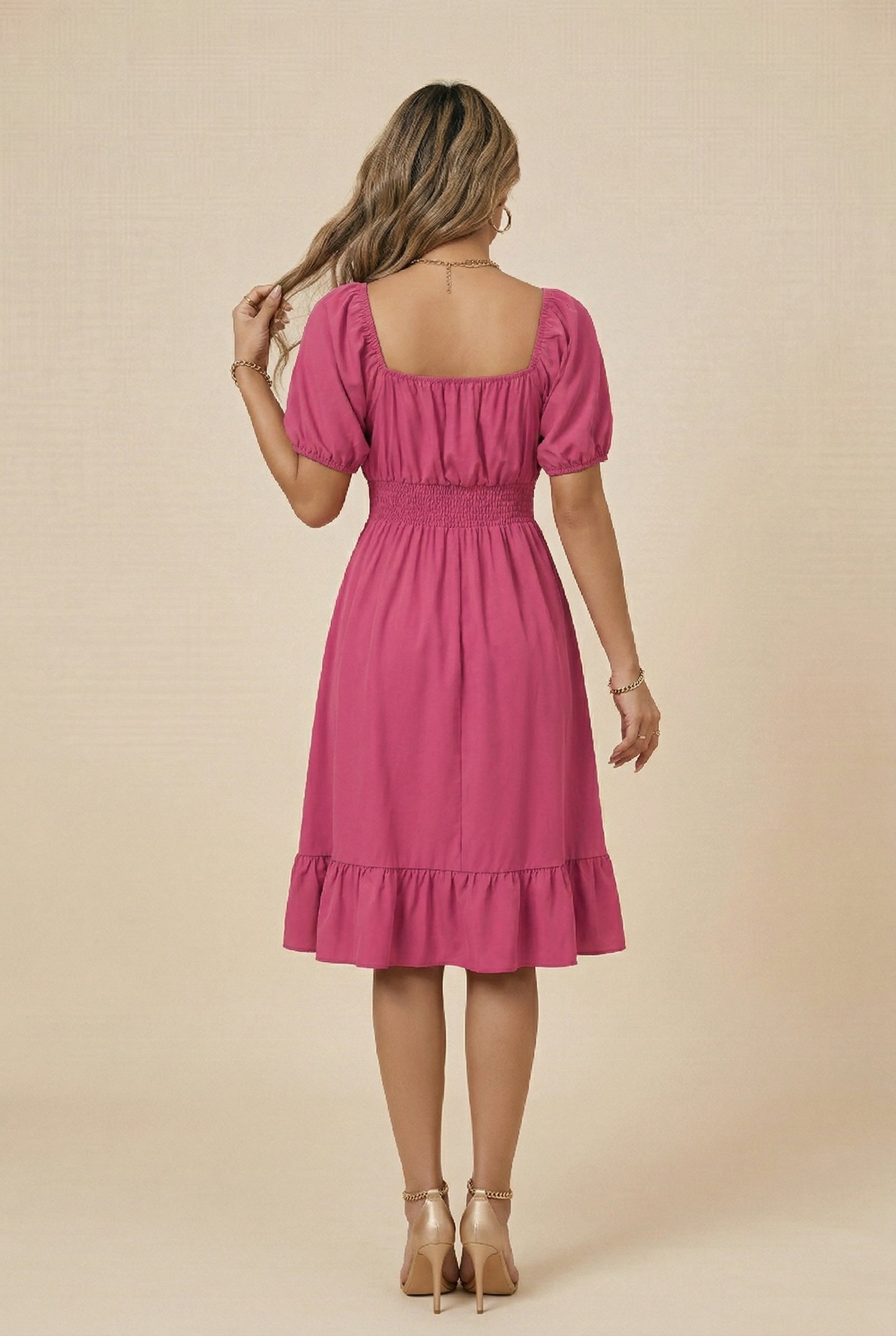 Women’s Square Neck A-Line Skirt – Mid-Waist, Ruffle Detail, Slim Fit