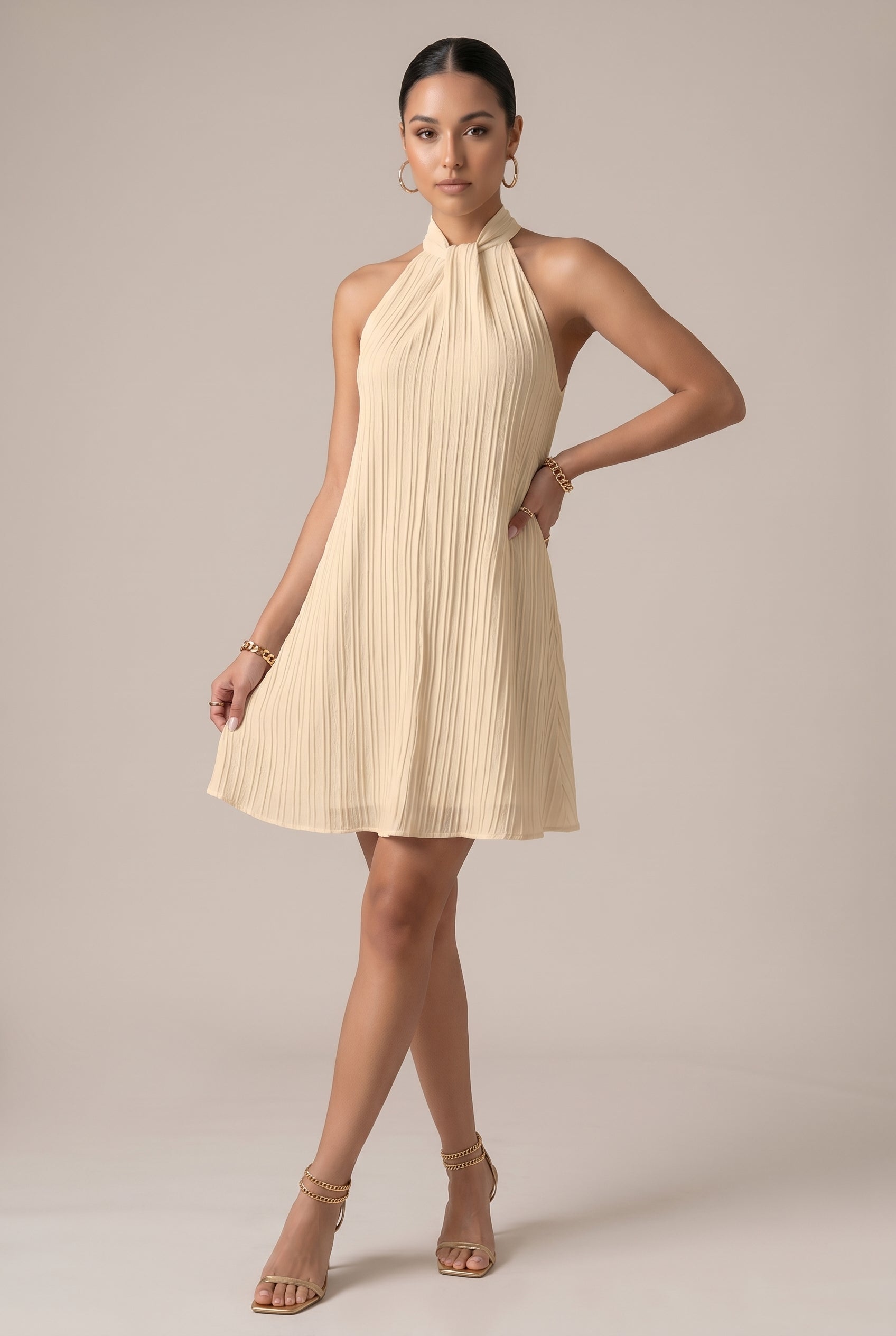 Women's Halter Neck Pleated A-Line Dress – Sleeveless Ice Cream Pastel Solid Color Midi Dress