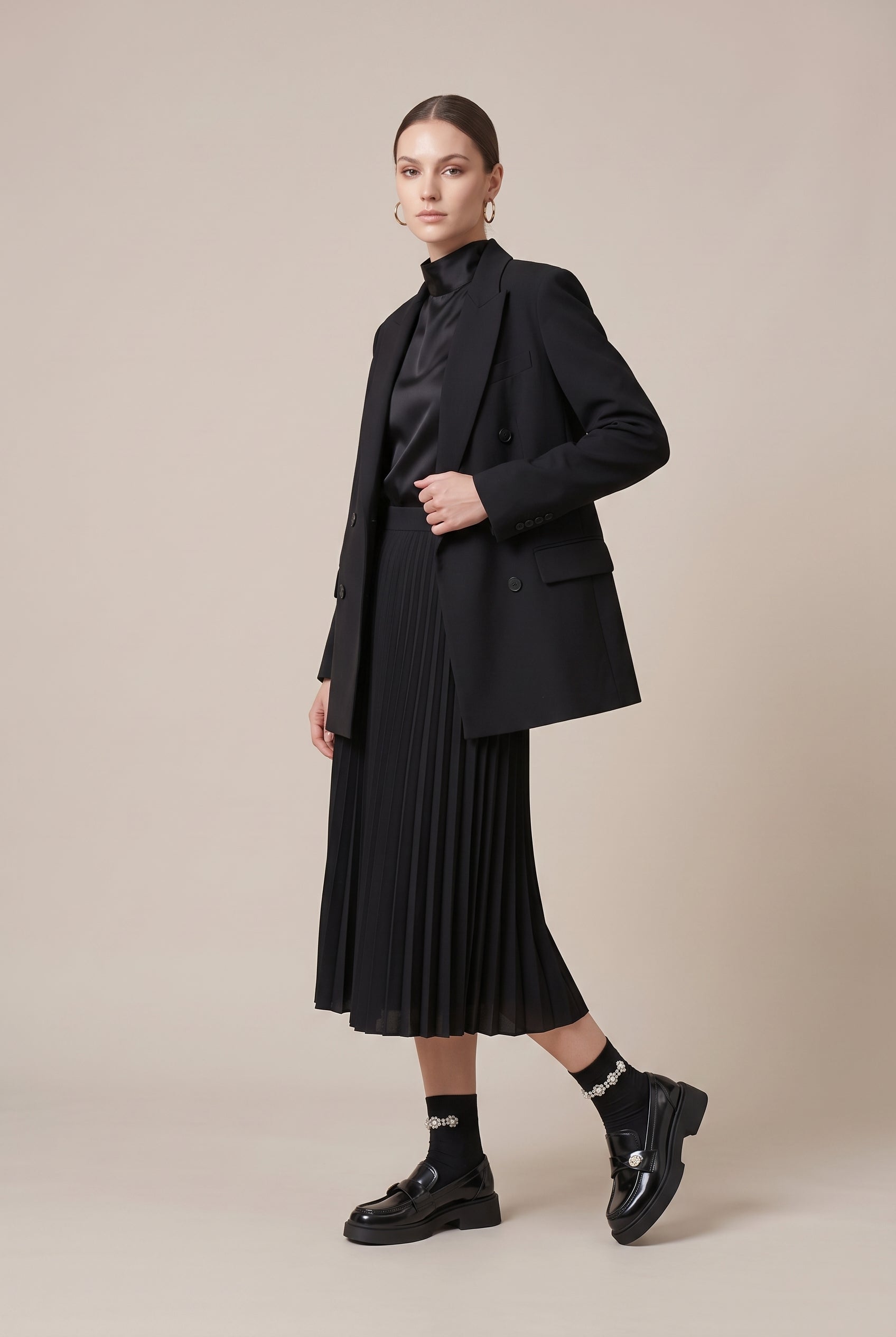 Crescent | French Gold Coin Loafers Chunky Heel Slip-On Round-Toe Leather Shoes