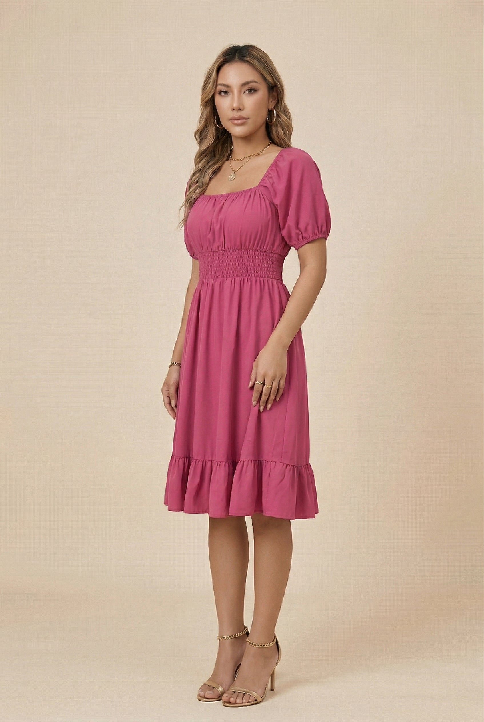 Women’s Square Neck A-Line Skirt – Mid-Waist, Ruffle Detail, Slim Fit