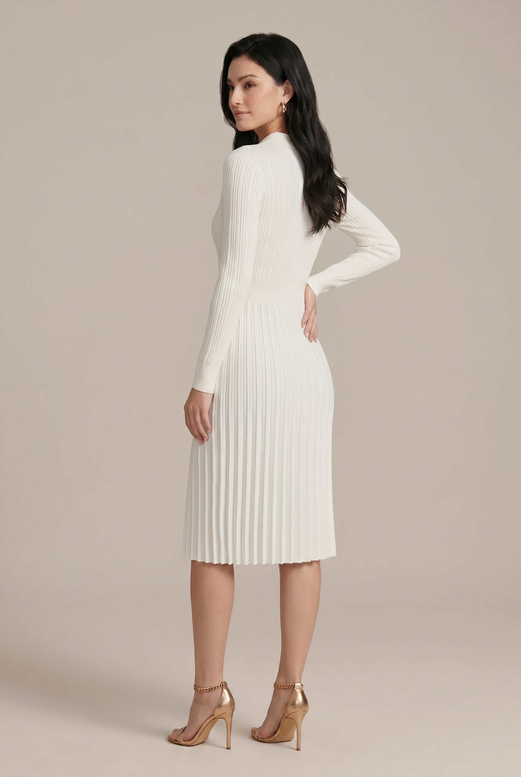 Women's French Style Knitted A-Line Midi Dress – Long Sleeve Peter Pan Collar Jacquard Dress Luna Body Co