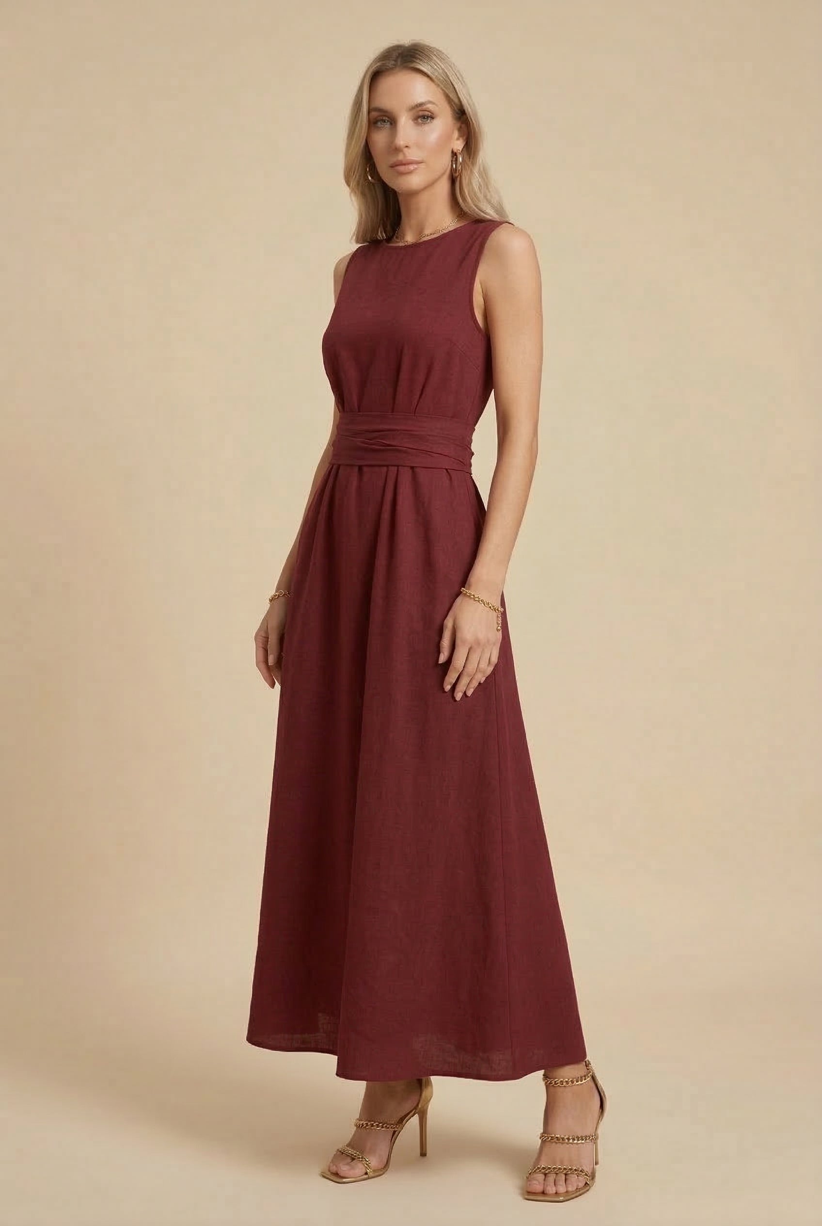 Women's Ice Silk Tie-Waist Sleeveless Dress