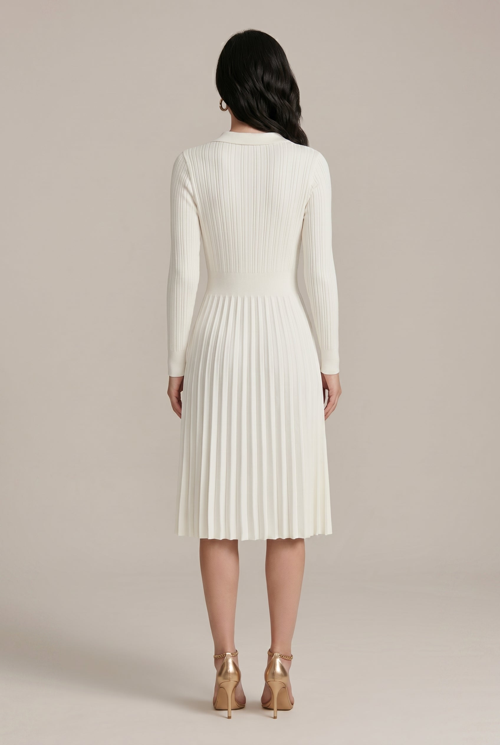 Women's French Style Knitted A-Line Midi Dress – Long Sleeve Peter Pan Collar Jacquard Dress Luna Body Co