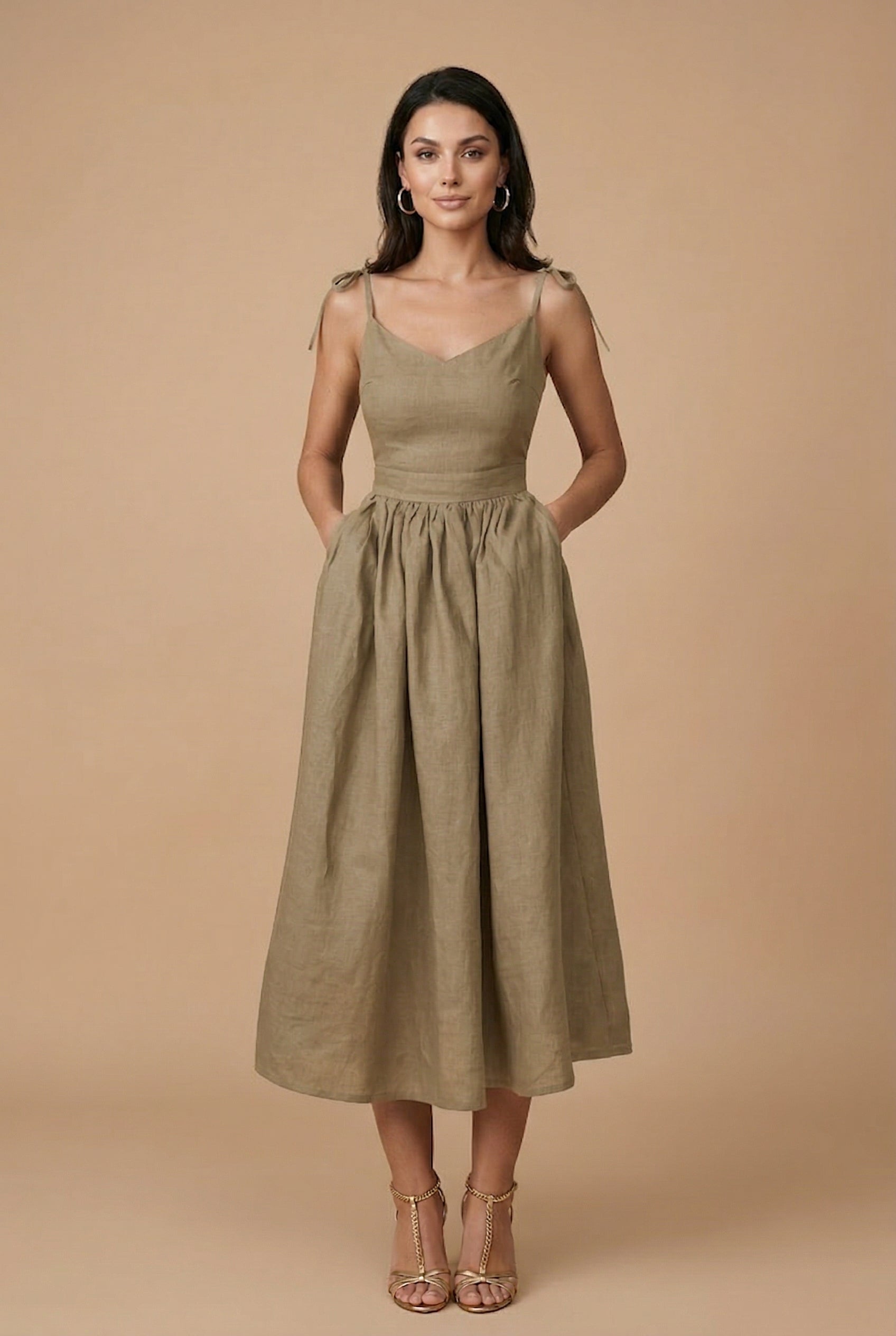 Women’s Cotton Linen Sleeveless Suspender Dress – High Waist, V-Neck, Tie Front