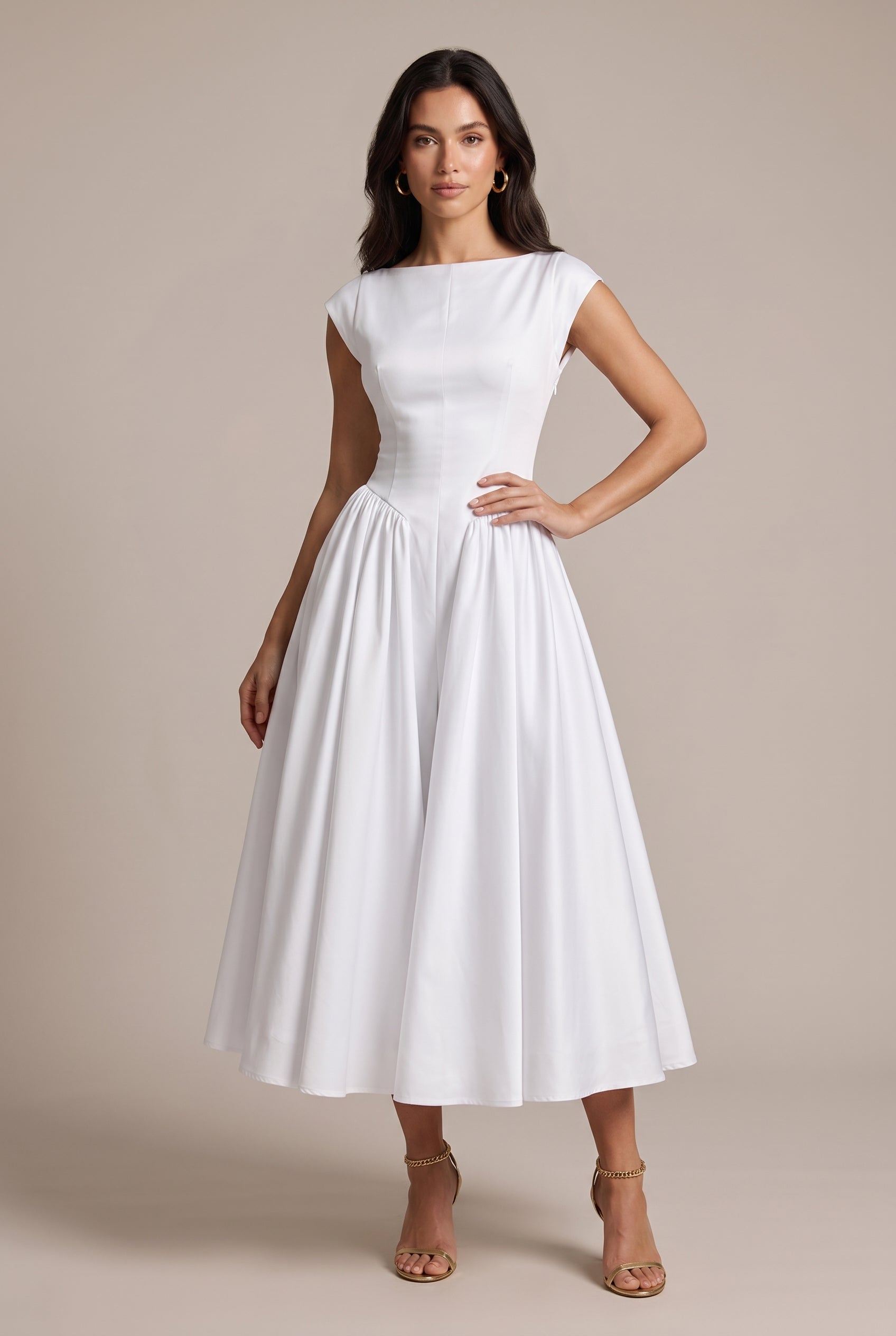 Women's Classic Open-Back Midi Dress – A-Line Waist-Cinching Sleeveless