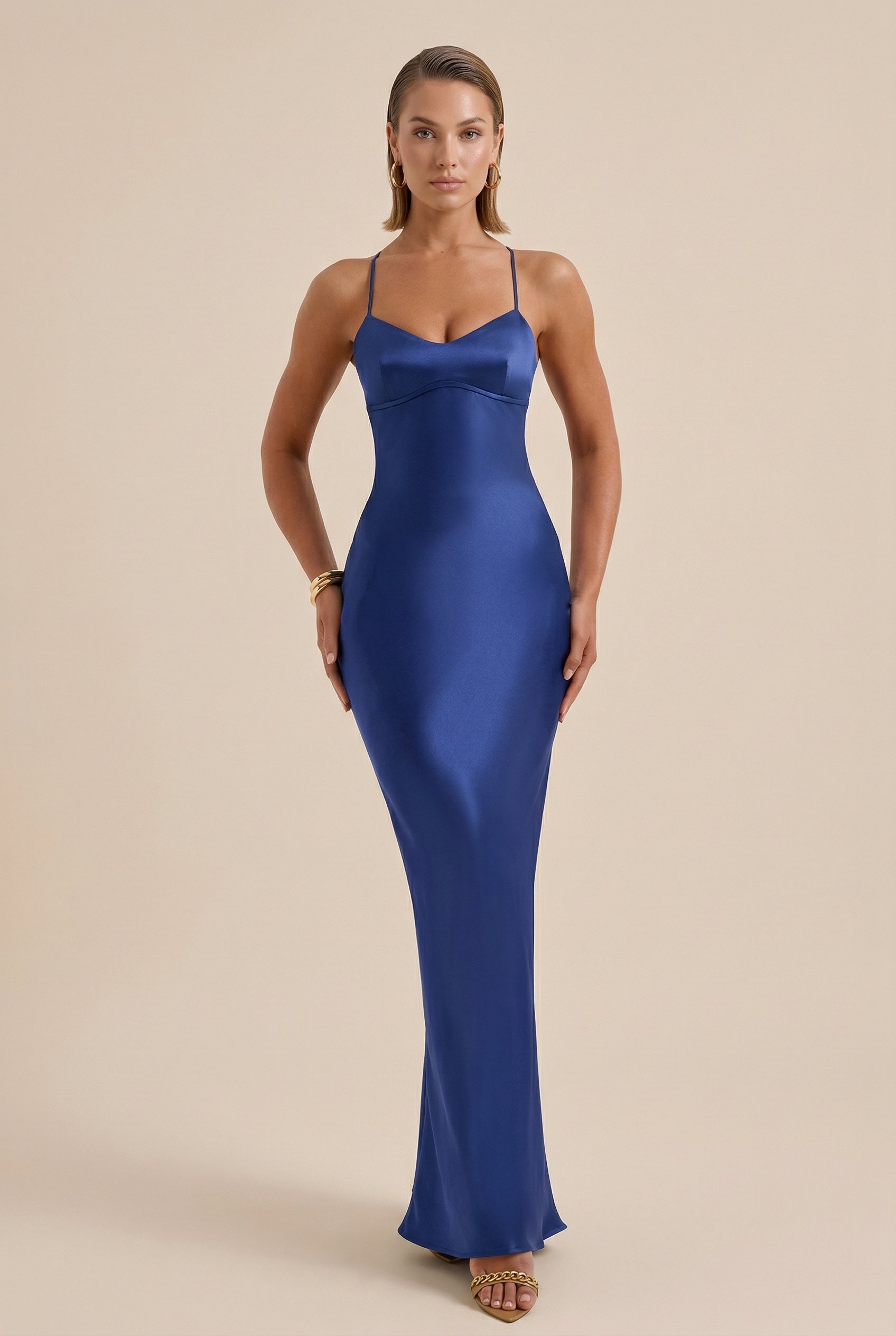 Women's Satin Backless Evening Dress with Adjustable Sling Straps