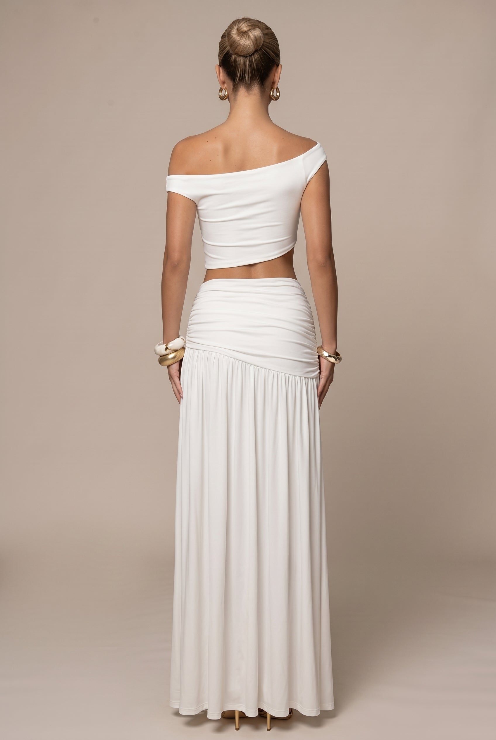 Women's Off-Shoulder Crop Top & High-Slit Maxi Skirt Two-Piece Set – Slim Fit Pleated Bodycon Co-Ord
