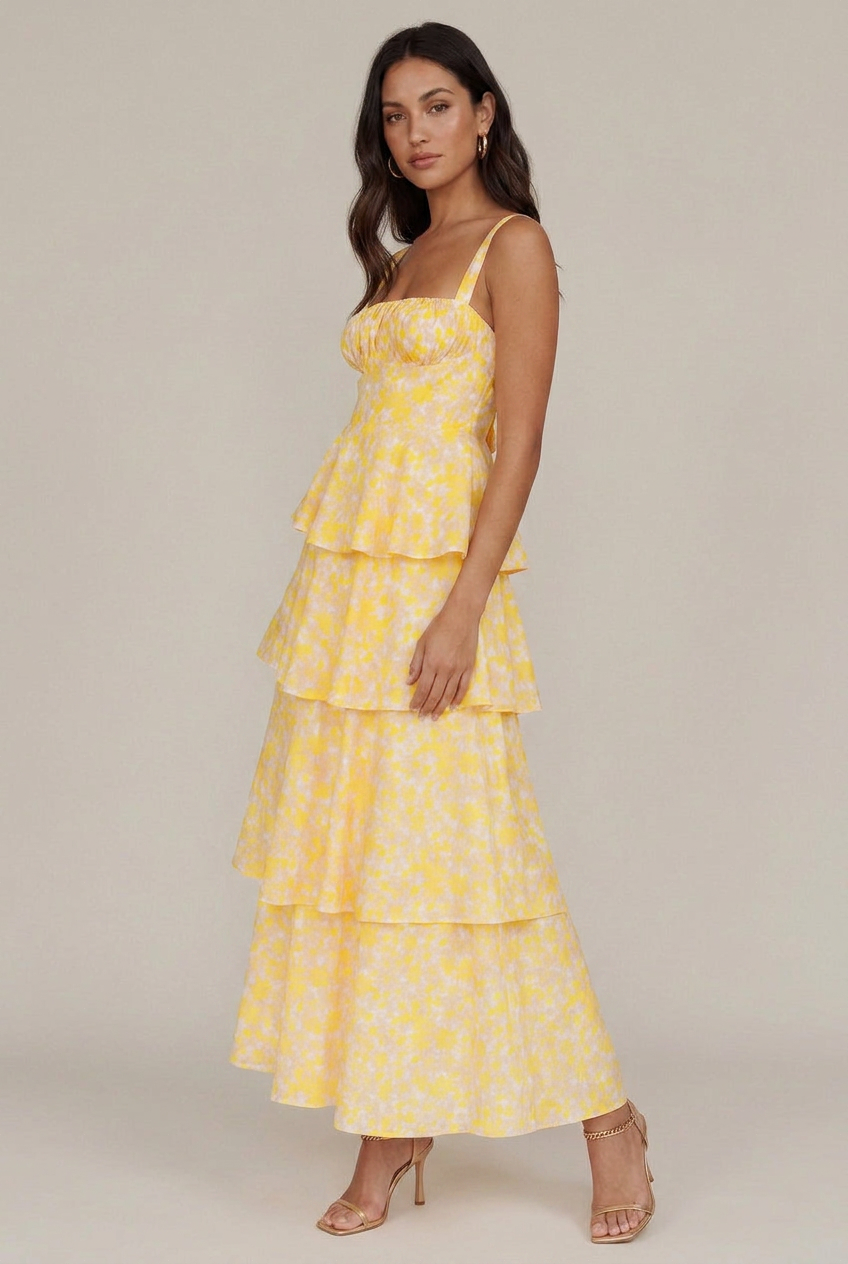 Women's Floral Print Midi Sling Dress – Satin Slim-Fit, Tiered Cake Skirt, Sleeveless Mid-Waist Summer Style