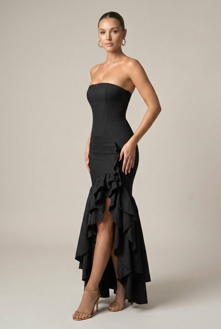Women's Off-Shoulder Asymmetrical Maxi Dress – Strapless High-Waist, Lotus Ruffle Hem, Sleeveless Long Dress