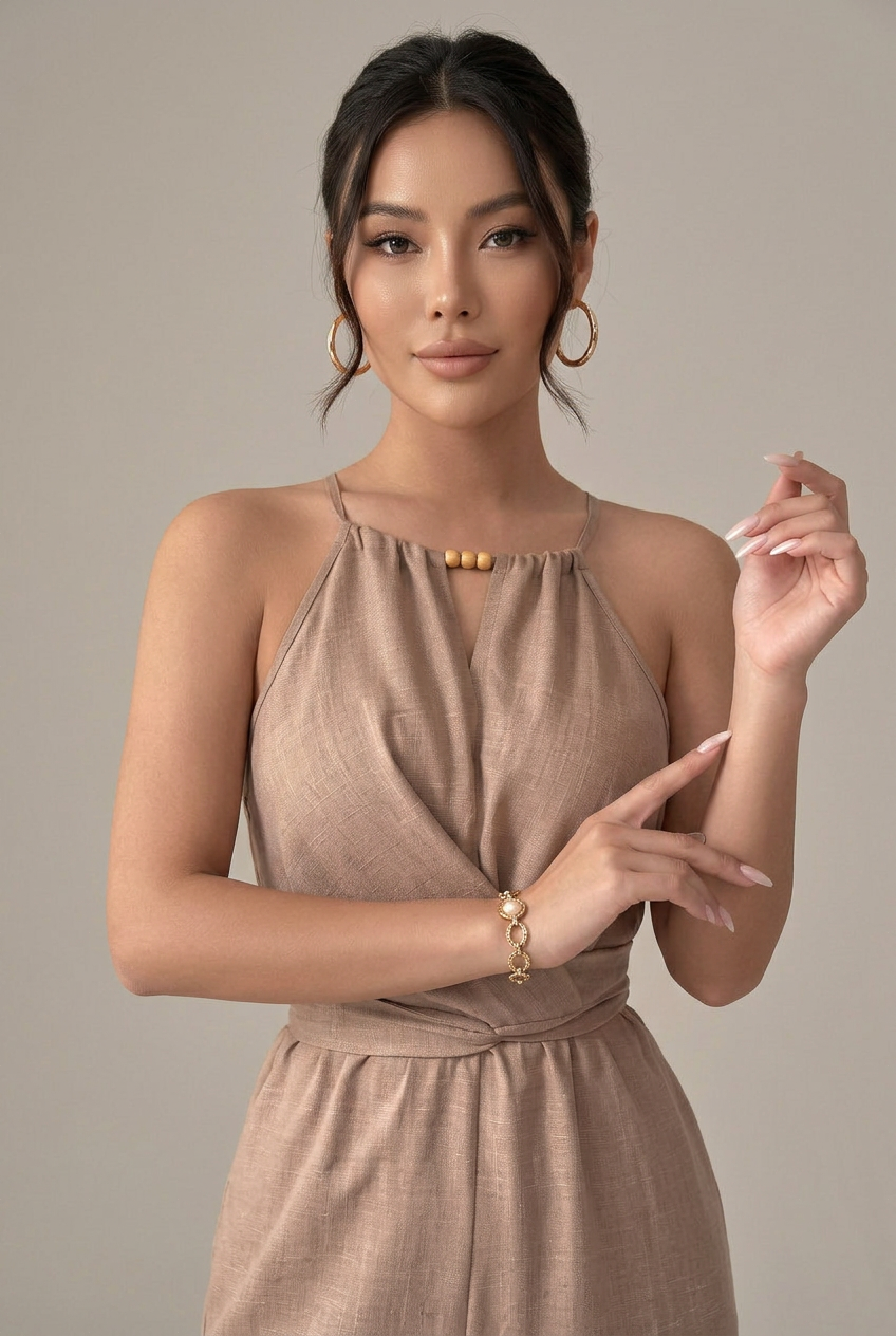 Women's Khaki Pleated Off-Shoulder Jumpsuit – High-Waist Straight-Leg, Beaded Belt Lace-Up Summer Jumpsuit