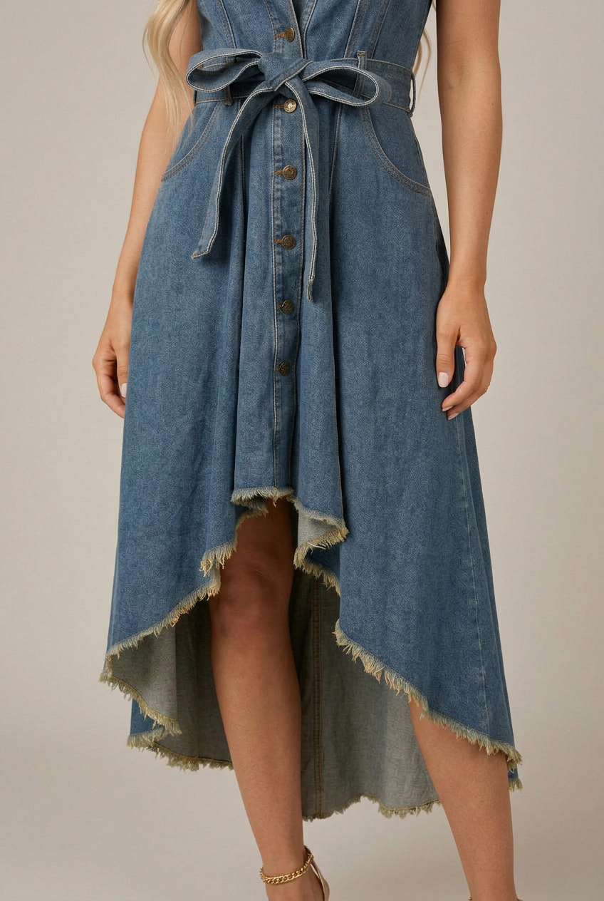 Women's Sleeveless Denim Midi Dress – Lace-Up Waist, Irregular Hem, Button-Front Lapel Collar