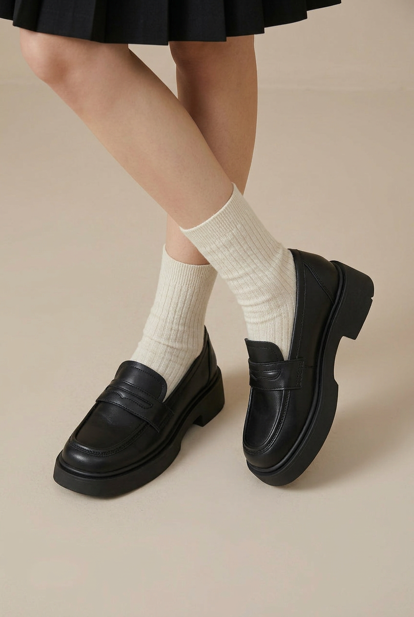 Women's Classic Cowhide Leather Loafers – British-Style Slip-On Casual Shoes, Round Toe, Mid-Heel