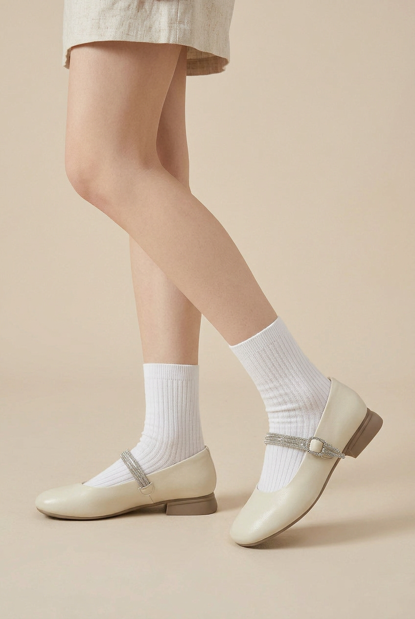 Women's Sheepskin Mary Jane Shoes – Rhinestone Accent, Square Toe, Low Block Heel