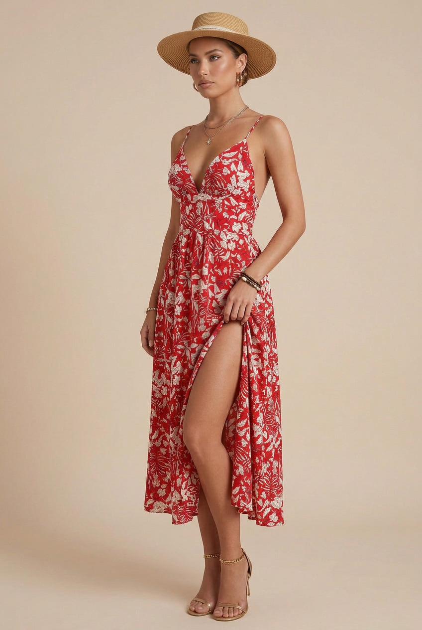 Women’s Floral Backless Midi Dress – Spaghetti Strap, V-Neck, A-Line Summer Style