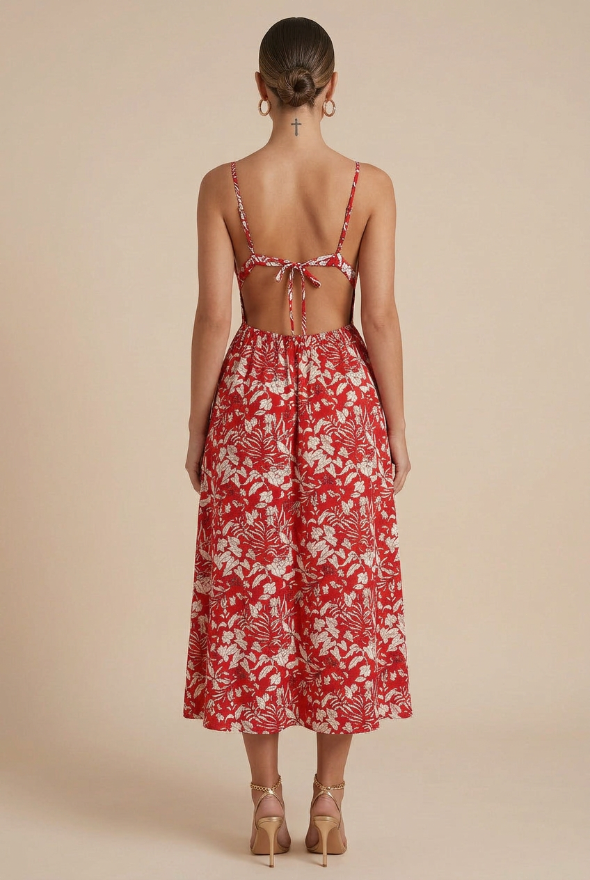 Women’s Floral Backless Midi Dress – Spaghetti Strap, V-Neck, A-Line Summer Style