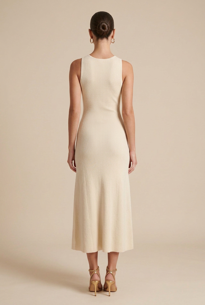 Women’s Summer Sleeveless Knit Midi Dress – Round Neck, Slim-Fit Bodycon Style