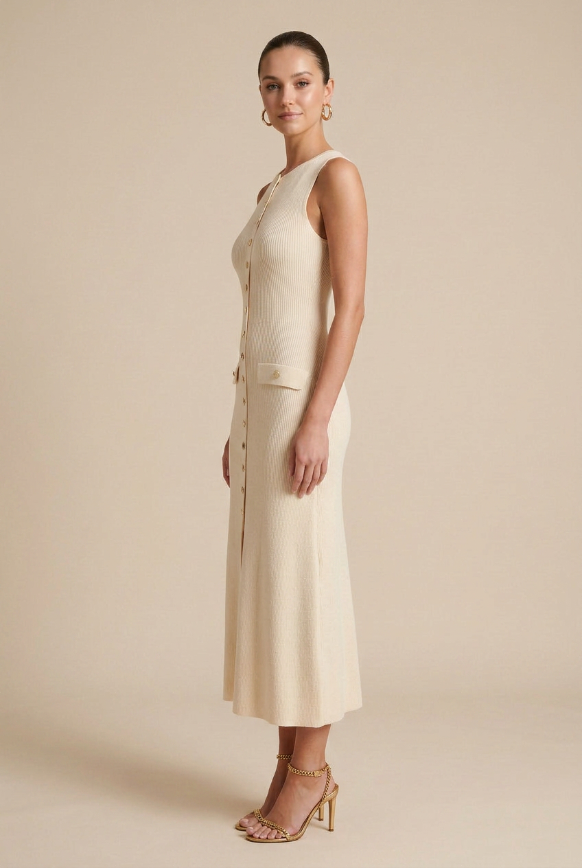 Women’s Summer Sleeveless Knit Midi Dress – Round Neck, Slim-Fit Bodycon Style