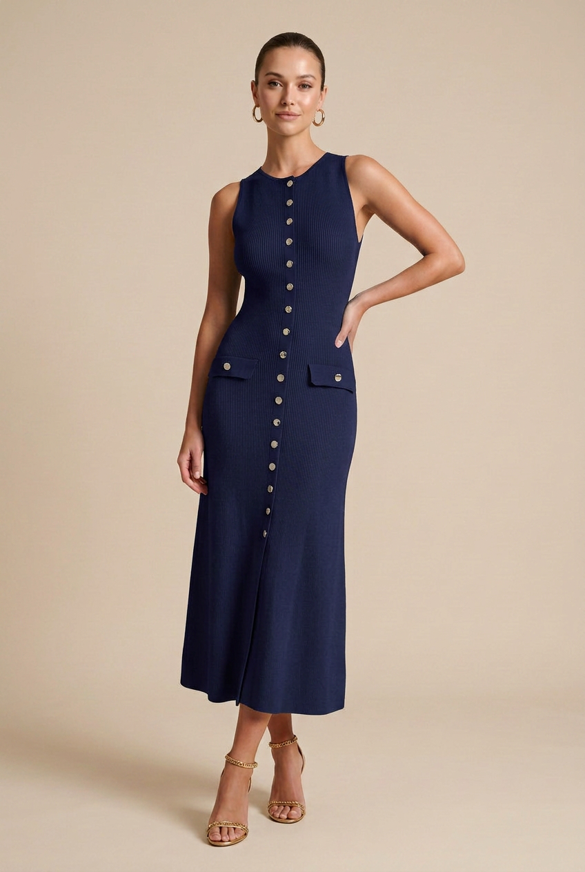 Women’s Summer Sleeveless Knit Midi Dress – Round Neck, Slim-Fit Bodycon Style
