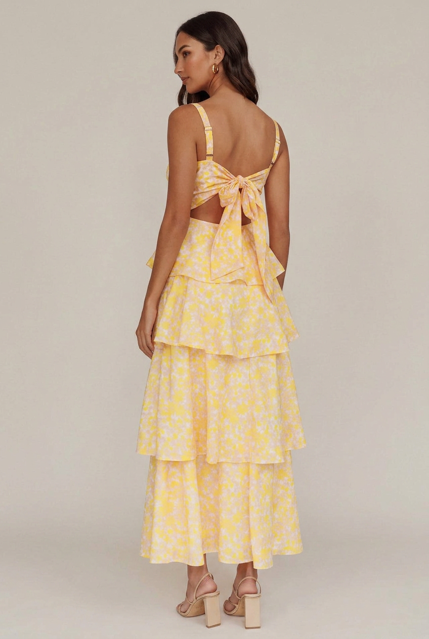 Women's Floral Print Midi Sling Dress – Satin Slim-Fit, Tiered Cake Skirt, Sleeveless Mid-Waist Summer Style
