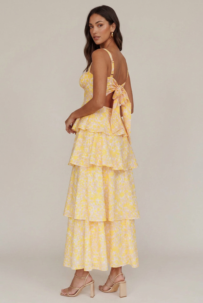Women's Floral Print Midi Sling Dress – Satin Slim-Fit, Tiered Cake Skirt, Sleeveless Mid-Waist Summer Style