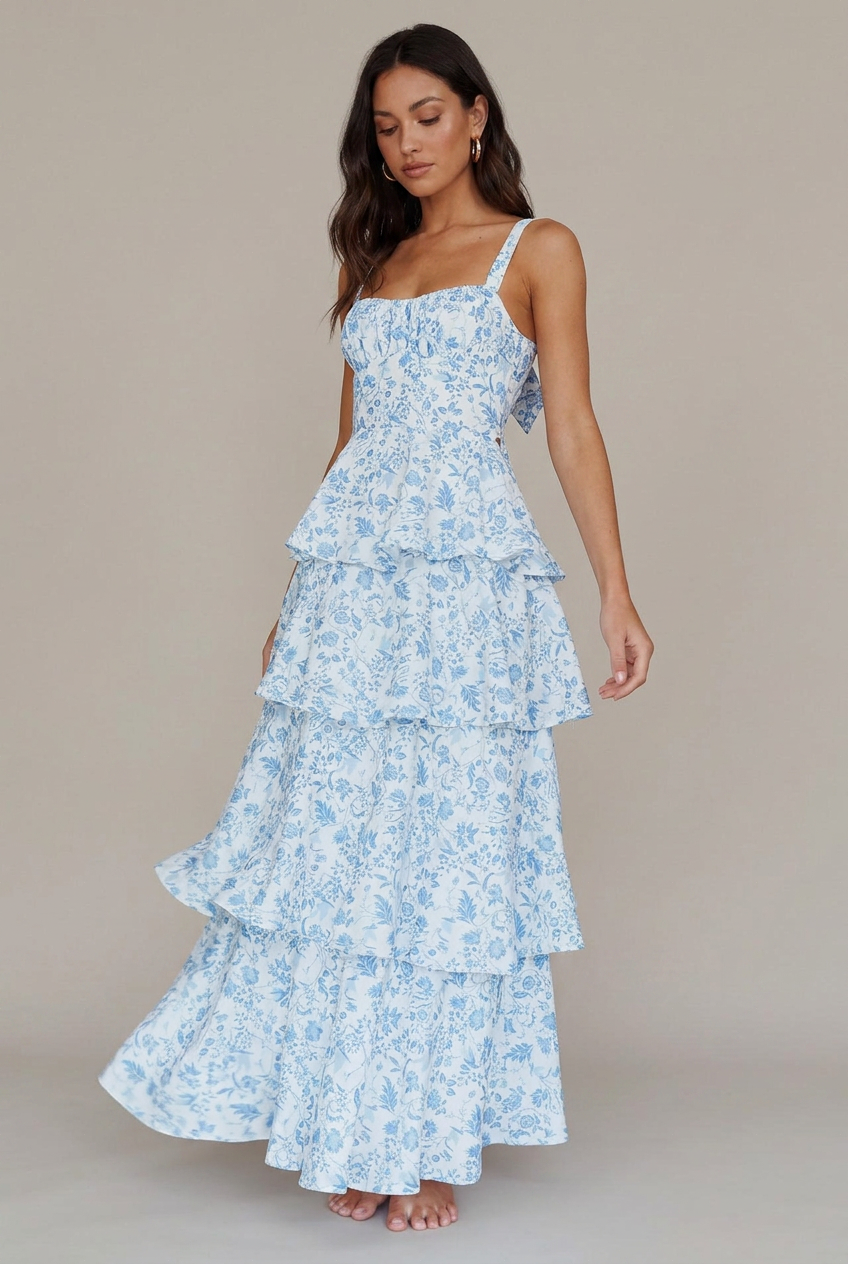 Women's Floral Print Midi Sling Dress – Satin Slim-Fit, Tiered Cake Skirt, Sleeveless Mid-Waist Summer Style