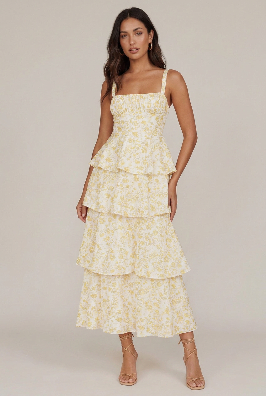 Women's Floral Print Midi Sling Dress – Satin Slim-Fit, Tiered Cake Skirt, Sleeveless Mid-Waist Summer Style