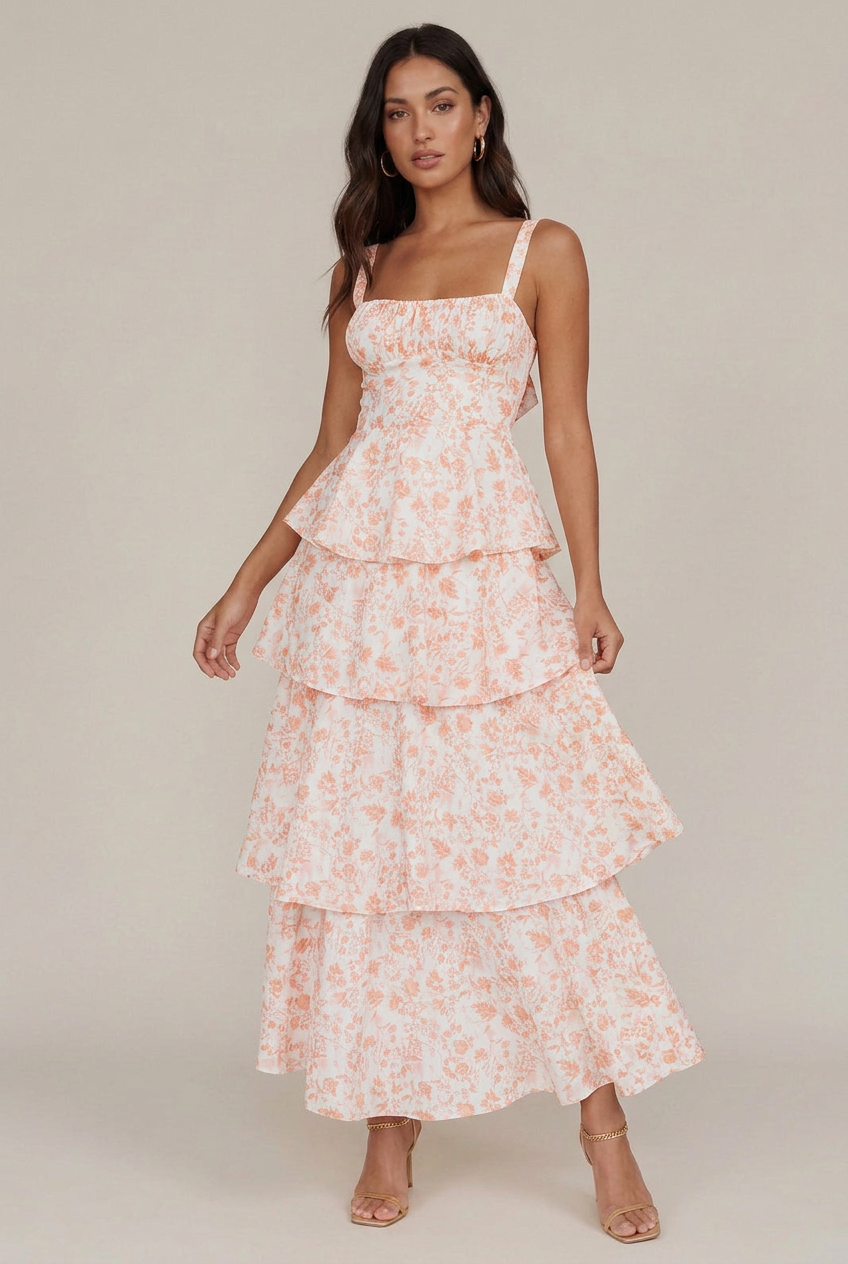 Women's Floral Print Midi Sling Dress – Satin Slim-Fit, Tiered Cake Skirt, Sleeveless Mid-Waist Summer Style