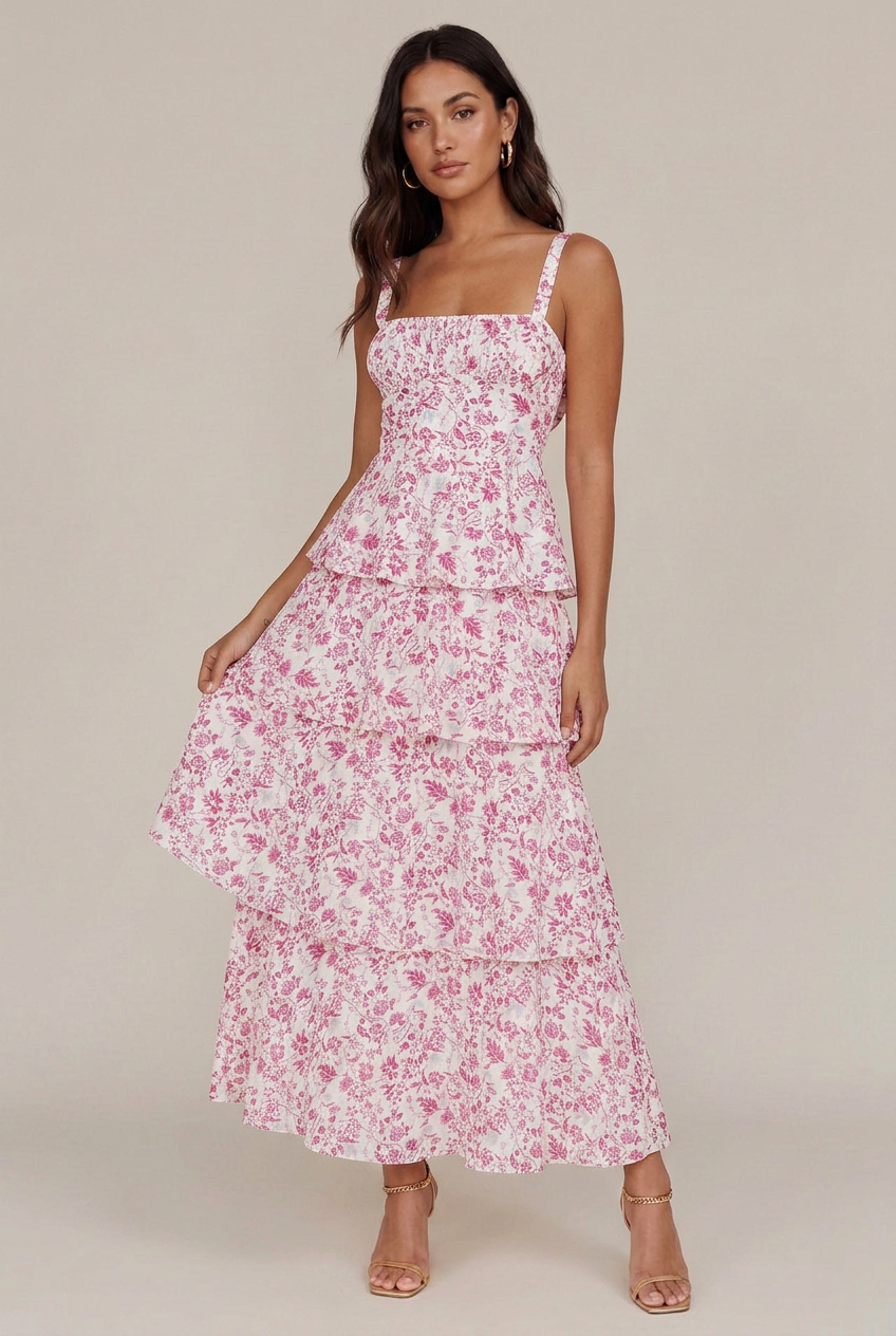 Women's Floral Print Midi Sling Dress – Satin Slim-Fit, Tiered Cake Skirt, Sleeveless Mid-Waist Summer Style