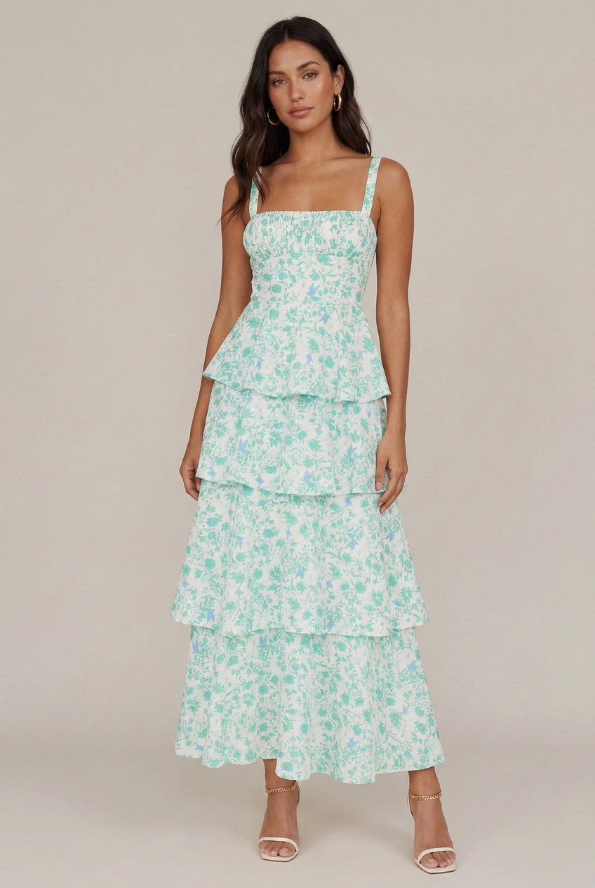 Women's Floral Print Midi Sling Dress – Satin Slim-Fit, Tiered Cake Skirt, Sleeveless Mid-Waist Summer Style