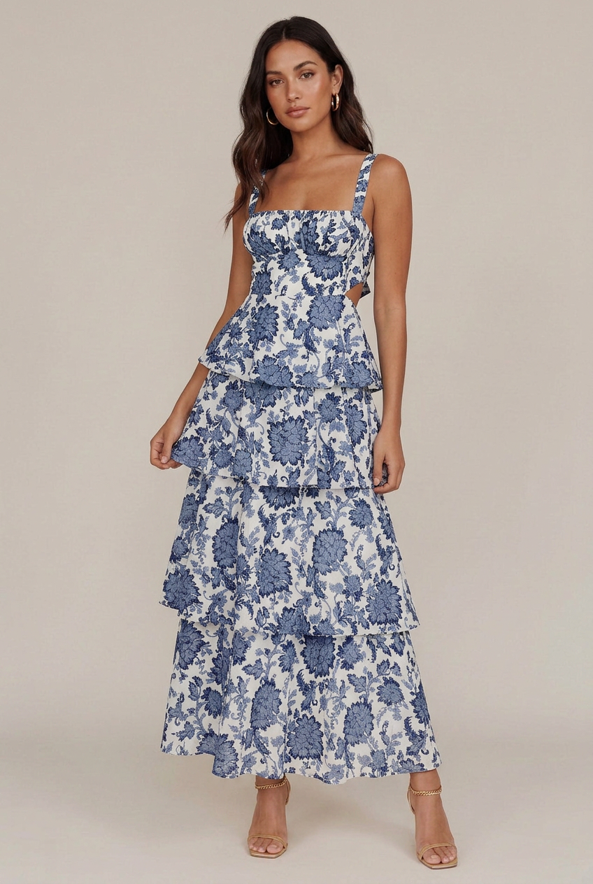 Women's Floral Print Midi Sling Dress – Satin Slim-Fit, Tiered Cake Skirt, Sleeveless Mid-Waist Summer Style