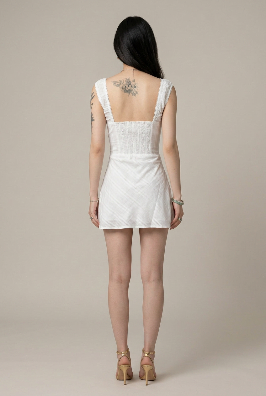Women's Off-Shoulder Lace Trim Mini Dress – Sleeveless A-Line, Mid-Waist, Slimming Summer Short Dress