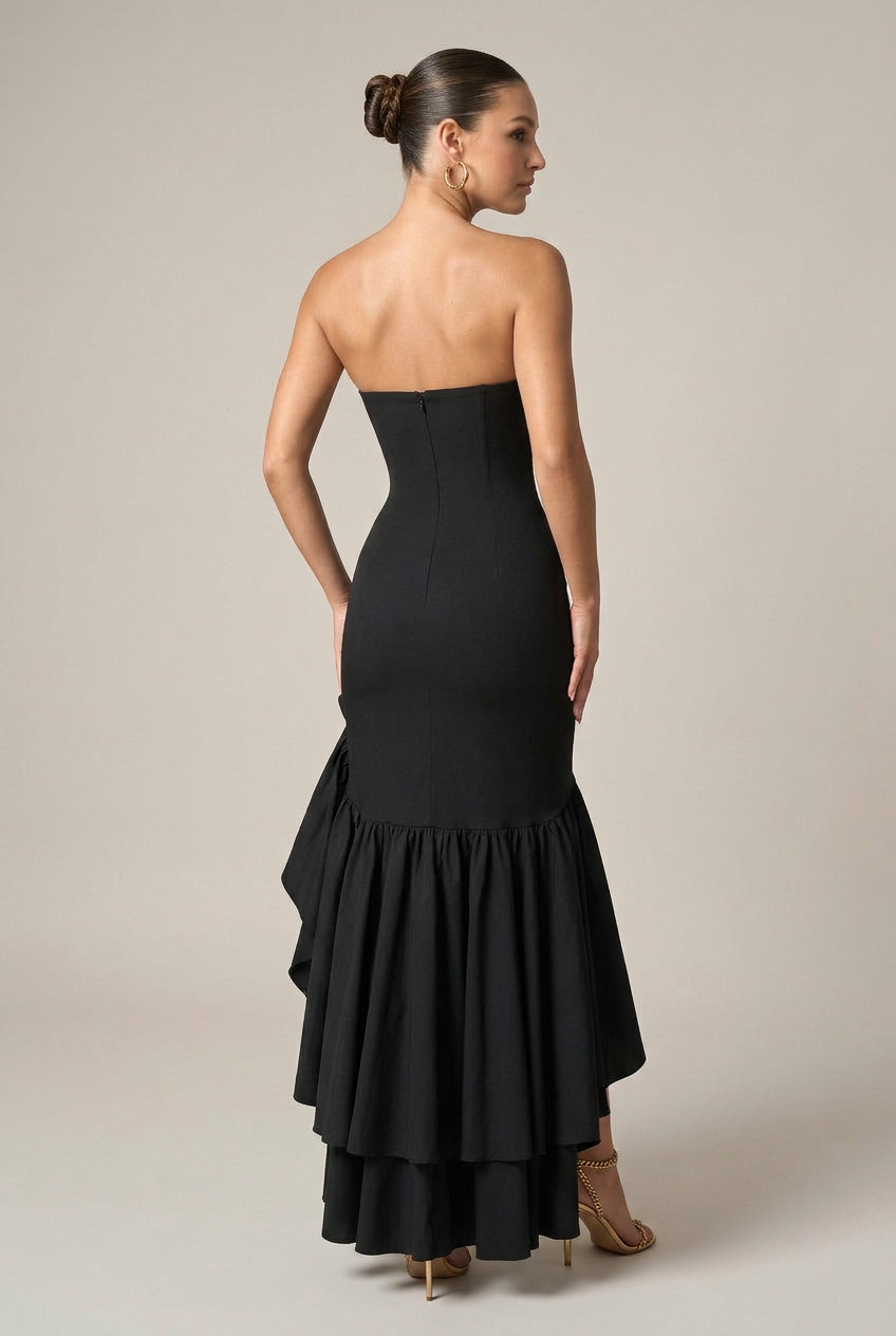 Women's Off-Shoulder Asymmetrical Maxi Dress – Strapless High-Waist, Lotus Ruffle Hem, Sleeveless Long Dress