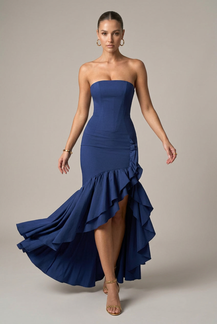 Women's Off-Shoulder Asymmetrical Maxi Dress – Strapless High-Waist, Lotus Ruffle Hem, Sleeveless Long Dress