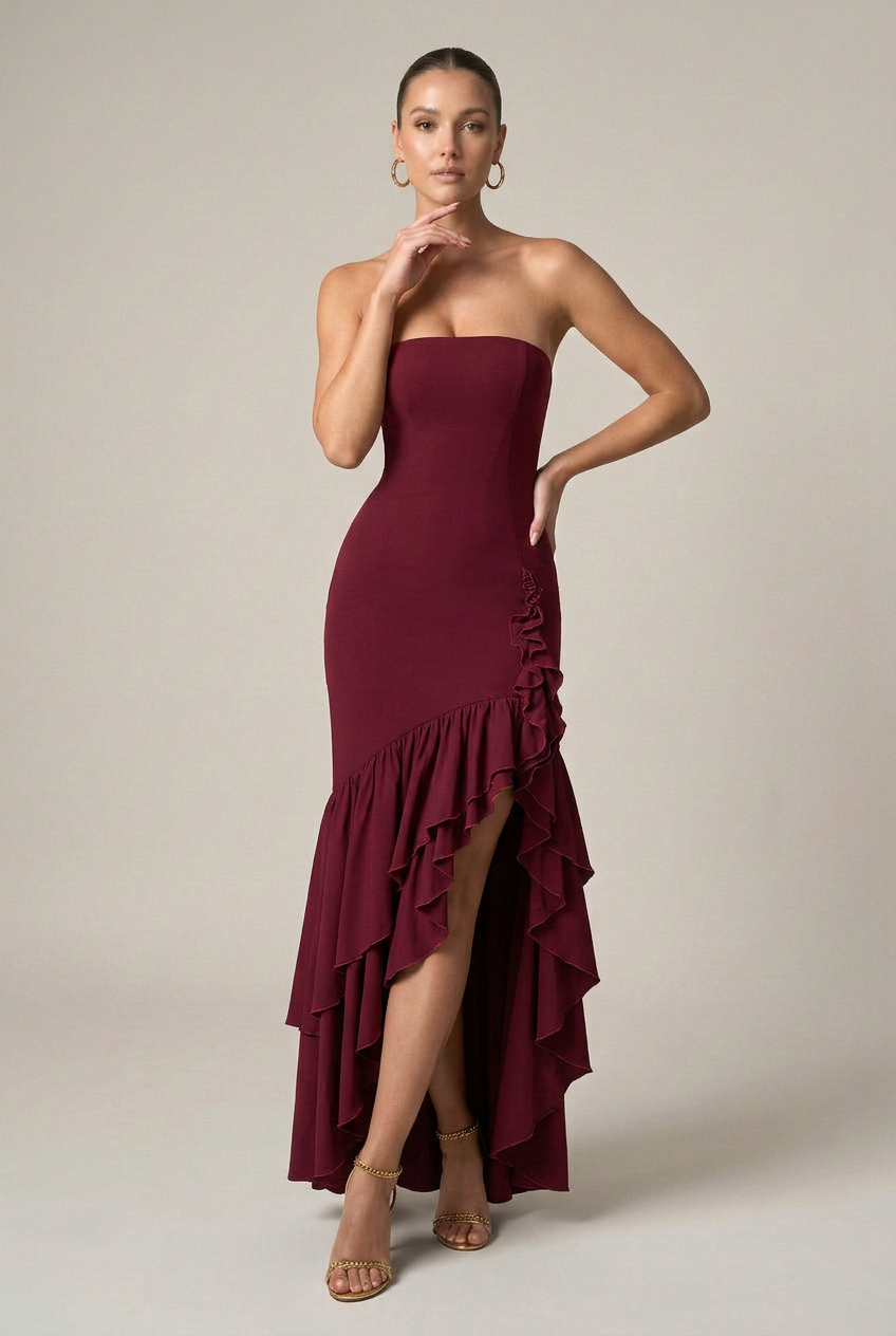 Women's Off-Shoulder Asymmetrical Maxi Dress – Strapless High-Waist, Lotus Ruffle Hem, Sleeveless Long Dress