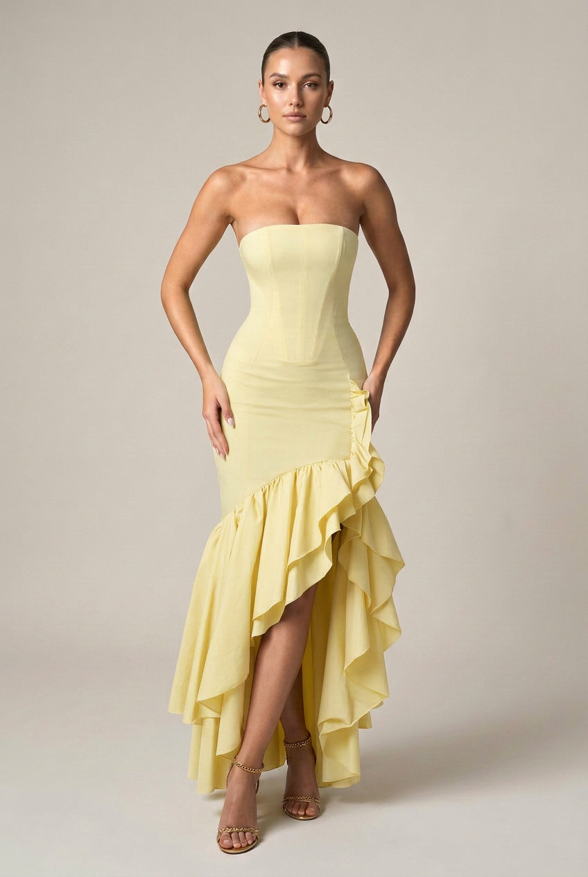 Women's Off-Shoulder Asymmetrical Maxi Dress – Strapless High-Waist, Lotus Ruffle Hem, Sleeveless Long Dress