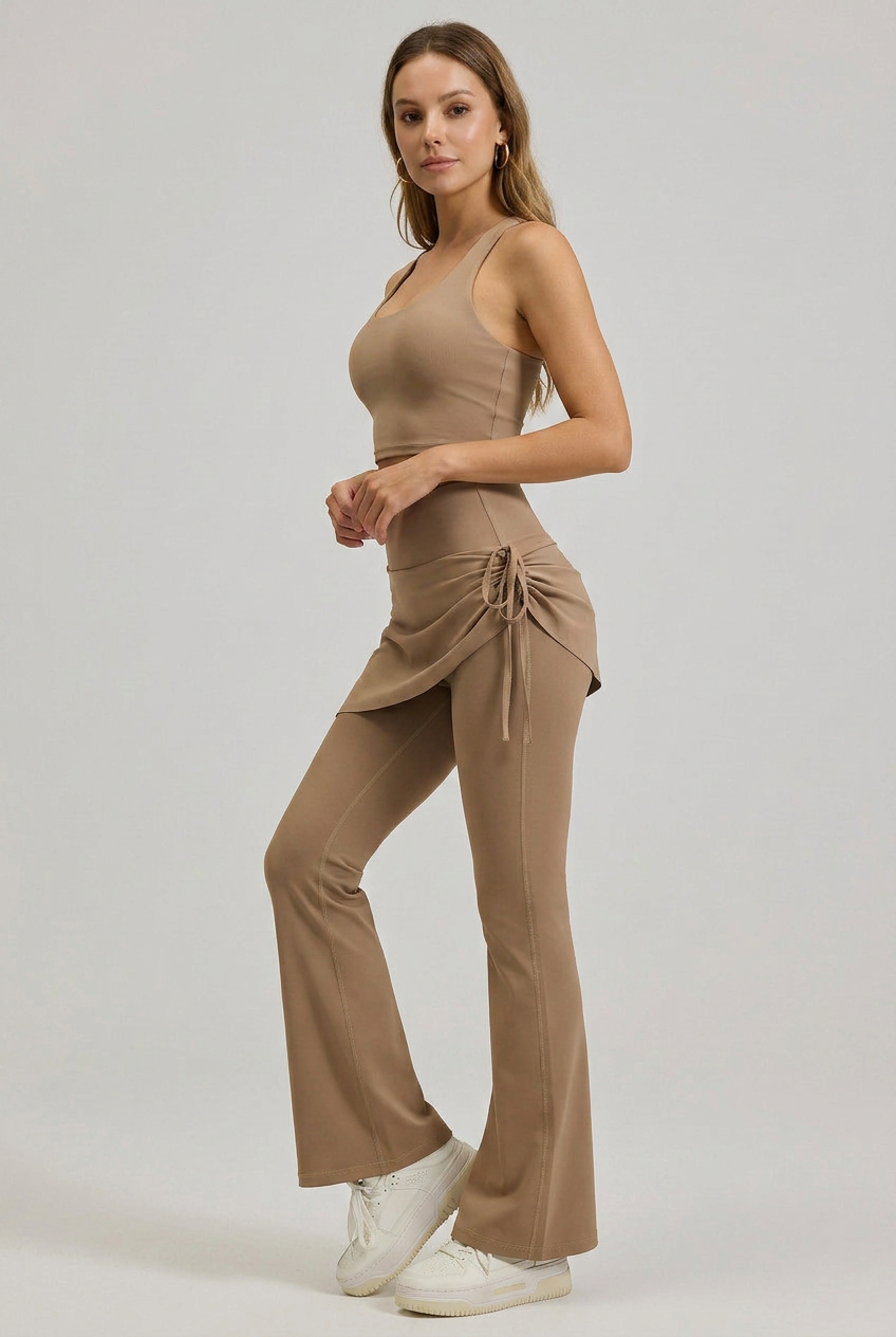 Women's High-Waist Ruched Flared Yoga Pants – Full-Length, Tummy Control, Faux Two-Piece Activewear