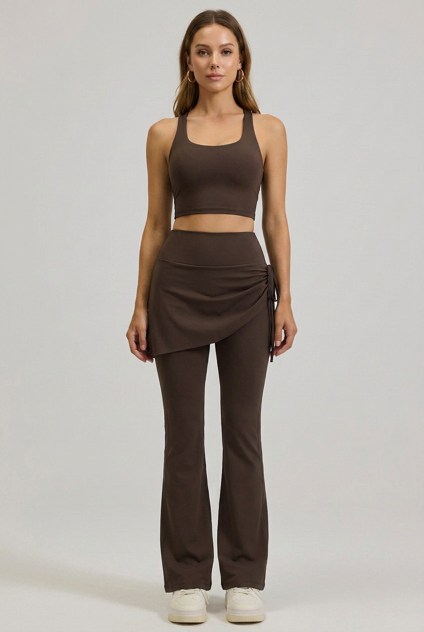 Women's High-Waist Ruched Flared Yoga Pants – Full-Length, Tummy Control, Faux Two-Piece Activewear