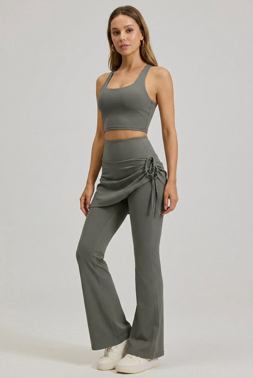 Women's High-Waist Ruched Flared Yoga Pants – Full-Length, Tummy Control, Faux Two-Piece Activewear