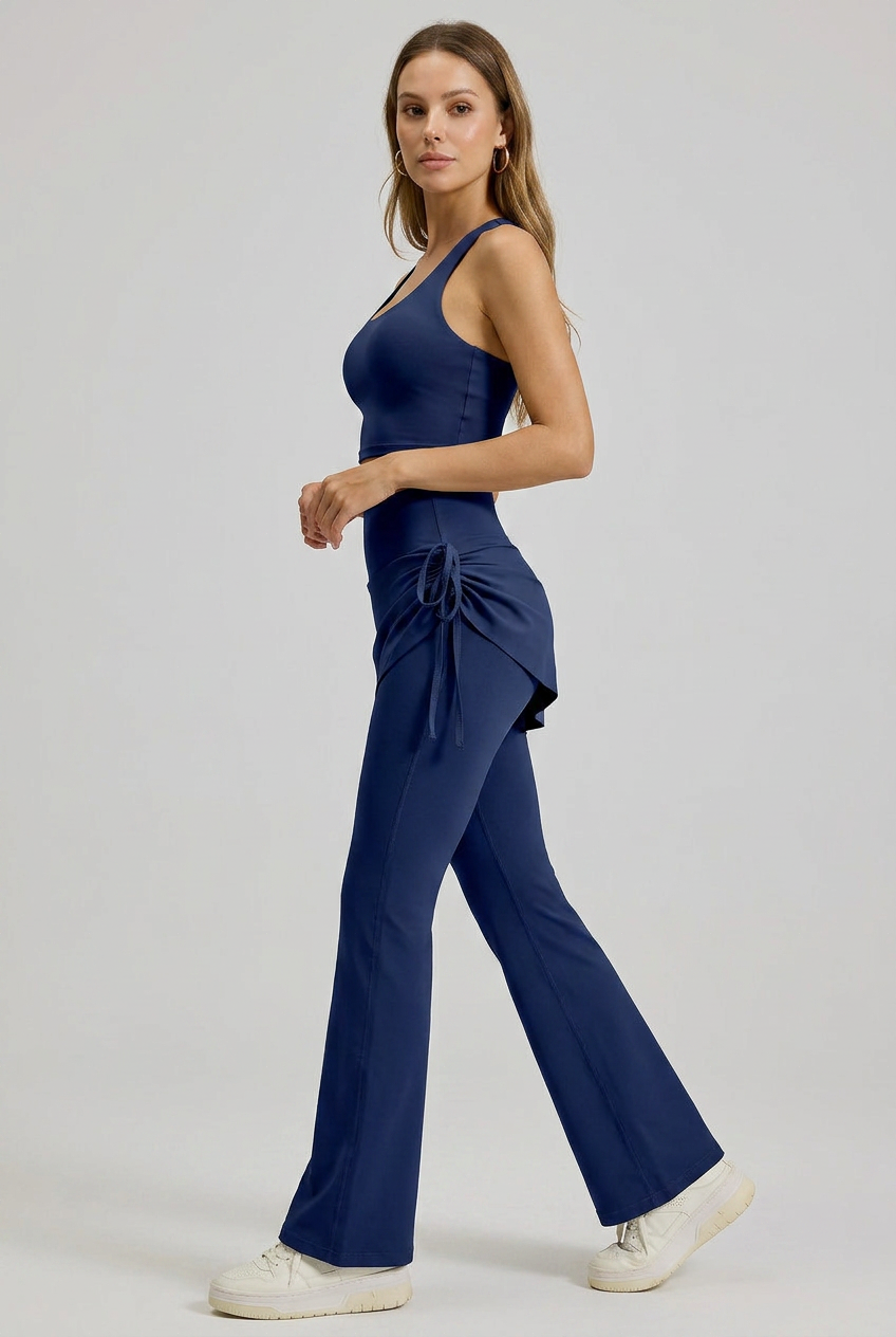 Women's High-Waist Ruched Flared Yoga Pants – Full-Length, Tummy Control, Faux Two-Piece Activewear