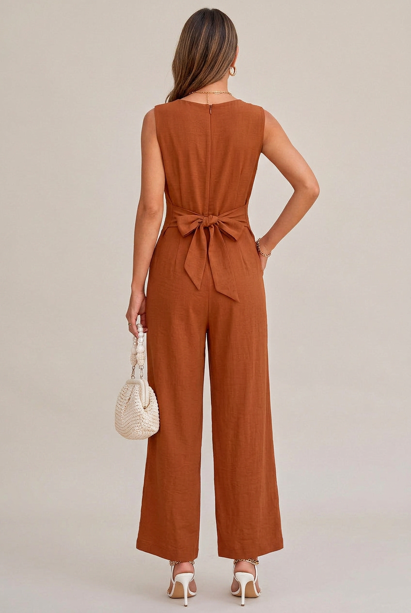 Women's V-Neck Wide-Leg Jumpsuit – Sleeveless High-Waist Belted, Retro Ice Silk Summer Jumpsuit