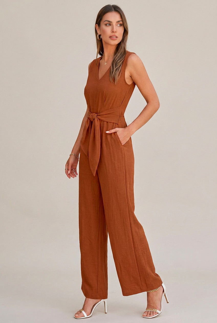 Women's V-Neck Wide-Leg Jumpsuit – Sleeveless High-Waist Belted, Retro Ice Silk Summer Jumpsuit