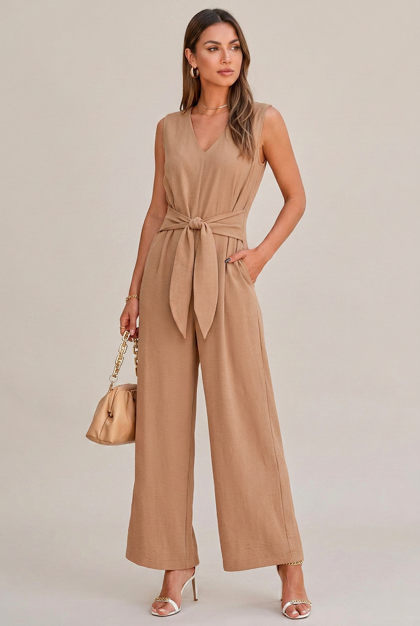 Women's V-Neck Wide-Leg Jumpsuit – Sleeveless High-Waist Belted, Retro Ice Silk Summer Jumpsuit